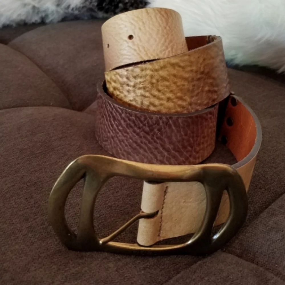 Guess Genuine Leather Ombre Brown Beige Belt with Brass Buckle Like NEW